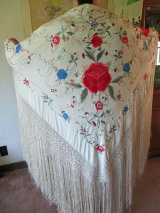 vintage embroidered silk piano shawl with deep fringe 5