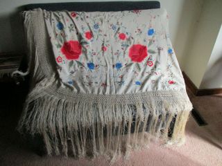 vintage embroidered silk piano shawl with deep fringe 6