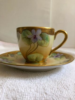 Antique Limoges Pickard Hand Painted Demitasse Cup & Saucer With Violets & Gold