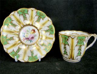 N978 Antique English Ridgway Porcelain Cup & Saucers Flowers Green Acanthus