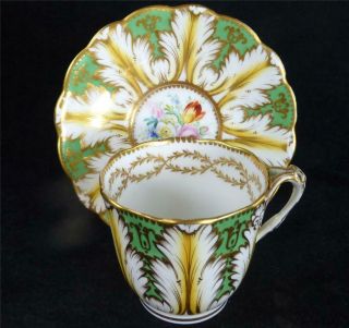 N978 ANTIQUE ENGLISH RIDGWAY PORCELAIN CUP & SAUCERS FLOWERS GREEN ACANTHUS 2