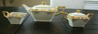 Antique Jean Pouyat Limoges Teapot Creamer & Sugar Set Hand Painted Floral Gold