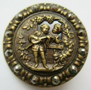 Large Antique Victorian Metal Picture Button Couple Cut Steel Rim (j)