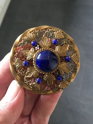 Antique Vintage Czech Filigree And Lapis Brooch Signed