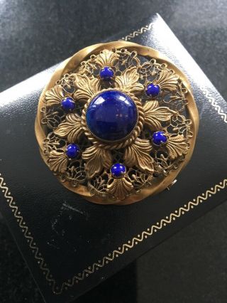 Antique Vintage Czech Filigree And Lapis Brooch Signed 3