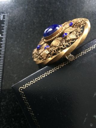 Antique Vintage Czech Filigree And Lapis Brooch Signed 4