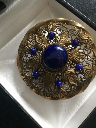 Antique Vintage Czech Filigree And Lapis Brooch Signed 5