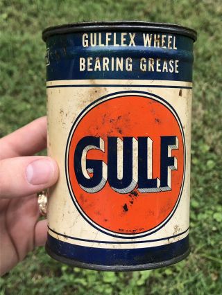 Antique 1930s Gulf Gulflex Wheel Bearing Grease Can Tin Gas Oil Auto Sign Vtg
