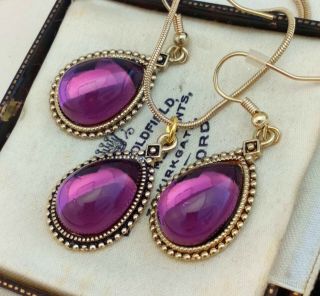 Vintage - Amethyst Purple Pear Antique Gold Drop Dangle Earrings Pendant Set