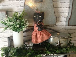 Primitive Halloween Fall Standing Black Pumpkin Girl Doll With Her Kitty Decor