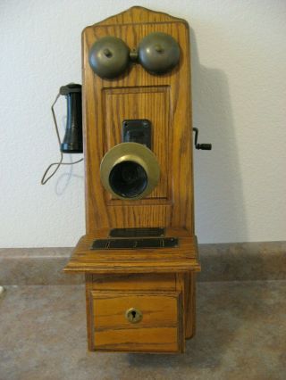 Vintage Antique Oak Wood Wall Telephone Hand Crank