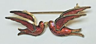 Antique Sterling Silver Red Enamel Art Deco Kissing Love Bird Swallows Brooch