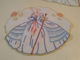 Vintage Crinoline Lady Hand Embroidered 3 Piece Dressing Table Set