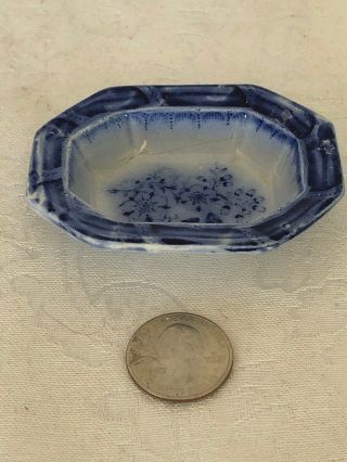 Miniature Antique Flow Blue Child’s Open Serving Dish Bird Motif