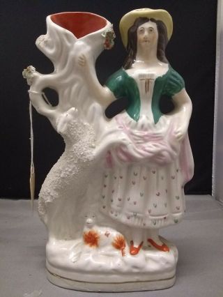 Antique Staffordshire Spill Vase Sheeps Lambs & Woman 9.  75 " 19th Century