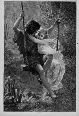 Young Boy And Girl In Love Swinging On The Swing Sunshine 1874 Antique Engraving