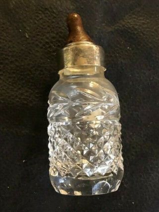 Antique Galway Irish Fine Cut Crystal Baby Bottle Silver Plated Top Heavy Glass