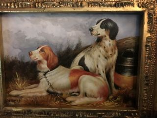 Vintage Oil Painting On Wood Of Dogs Hounds Signed Framed