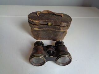 Antique Lemaire Fab Paris Field Opera Glasses Binoculars Leather With Small Case