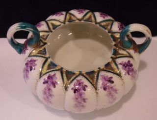 Antique Footed Bowl In Melon Shape,  Hand Painted Unmarked Nippon Beaded Violets