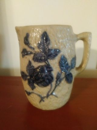 Antique Molded Stoneware Pitcher With Blue Floral Design White 