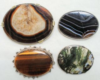 Three Large Antique Sterling Silver,  Tiger Eye & Agate Brooches,  1 (a/f)