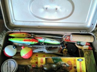 Vintage 13 " Metal Tackle Box With Vintage Fishing Lures And More