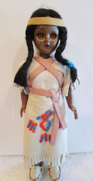 Vintage Native American Indian Doll Plastic Sleepy Eyes Leather Beads Papoose