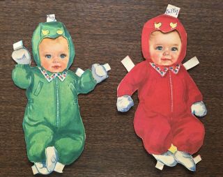 Rare Mid Century Twin Baby Paper Dolls Betty & Billy W Clothes