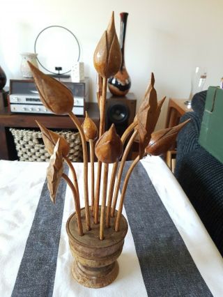 Unusual Wooden Carved 10 Flowers & Holder Arrangement Ornament