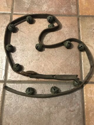 Antique Vintage Horse Sleigh Bells On Leather Belt Strap Brass Set Of 12 Bells