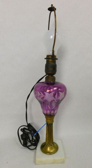 Antique Victorian Purple Amethyst Etched Cut To Clear Crystal Glass & Brass Lamp