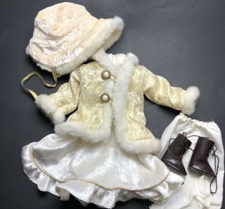 Vintage Doll Dress Coat Outfit Faux Fur Hat Boots Pantaloons Socks For 17” Dolls