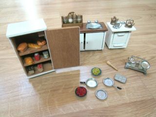 Vtg Kitchen Wood Furniture,  27 Accessories Dollhouse Furniture - Stove,  Sink,  Pantry
