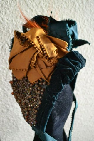 Gorgeous Antique Doll Bonnet Silk Ribbon Beading Velvet For Large Antique Doll