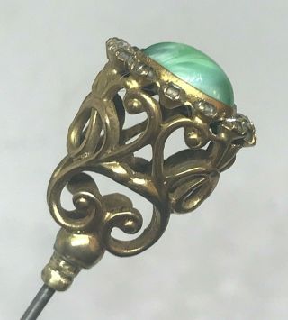 Antique Hat Pin Minty Green Cabochon.  Rhinestone Surround.  Sophisticated Design.