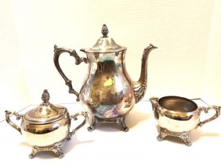 I.  S.  Co.  Silver Plated 3 Pc Coffee Tea Set Teapot Creamer Sugar Bowl