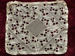 French Antique Doily Hand Embroidery On Tulle 13 1/2 " By 11 1/2 "
