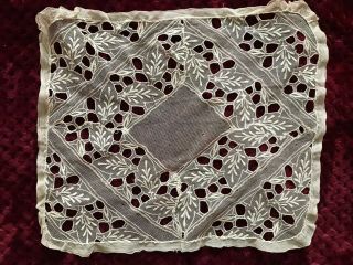 French antique DOILY Hand Embroidery on tulle 13 1/2 