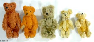 5 Vintage Miniature Jointed Teddy Bears - Steiff Schuco Style Stuffed Animals