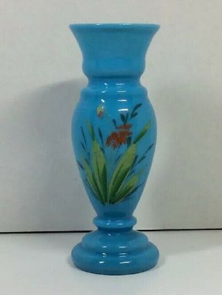 Antique Bristol Glass Vase Blue 6 " Opaque Opalene Hand Painted Flowers Victorian