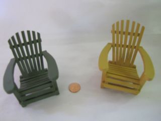 Pair Vintage Dollhouse Miniature 2 Green & Tan Adirondack Chairs 1:12 3.  5 " Tall