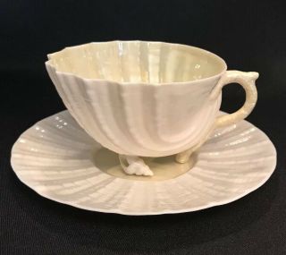 Antique Belleek Neptune Yellow Ivory Teacup And Saucer 1st Green Mark