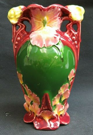 Antique French Or Austrian Majolica Barbotine Art Nouveau Floral Deco Vase