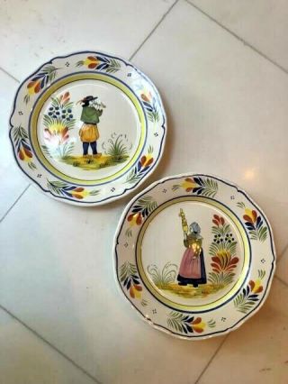 Henriot Quimper Hand - Painted Antique 10 " Plates,  Faience French Pottery