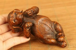 Lovely Unique Chinese Old Boxwood Hand Carved Dog Statue Figure Hand Piece