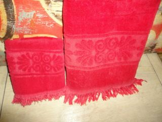 Vintage Cannon Monticello Imperial Scroll Red (2pc) Set Bath Hand Towel S