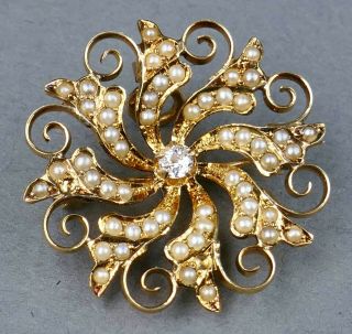 Fine Antique Art Nouveau 14k Gold Diamond Seed Pearl Pendant Pin Krementz