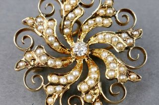 Fine Antique Art Nouveau 14k Gold Diamond Seed Pearl Pendant Pin Krementz 2
