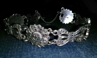 Vintage Antique Art Deco Style Sterling Silver Marcasite Flower Linked Bracelet